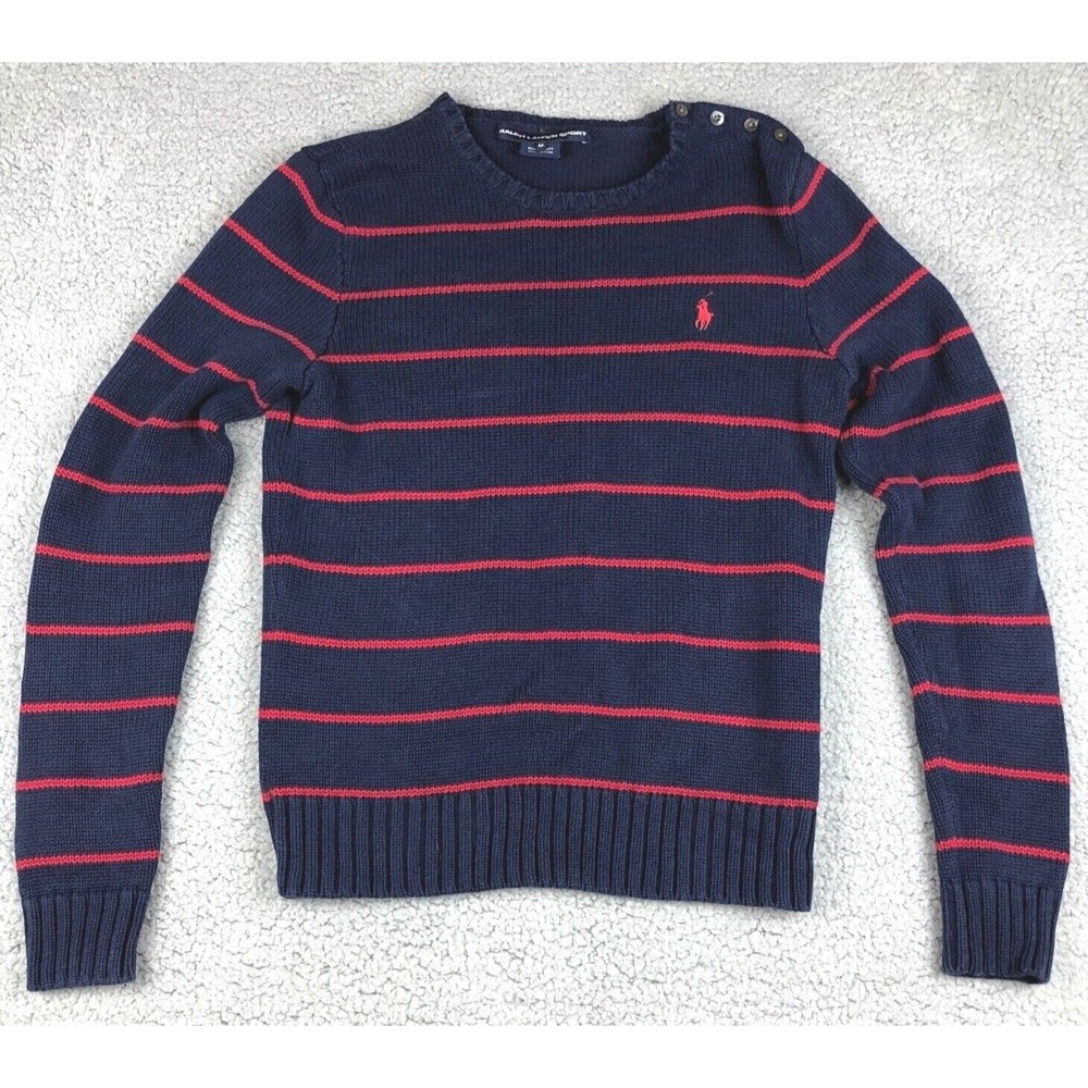 Ralph Lauren Sport Women's Knit Sweater Blue w/ Red Striped Long Sleeve Medium M